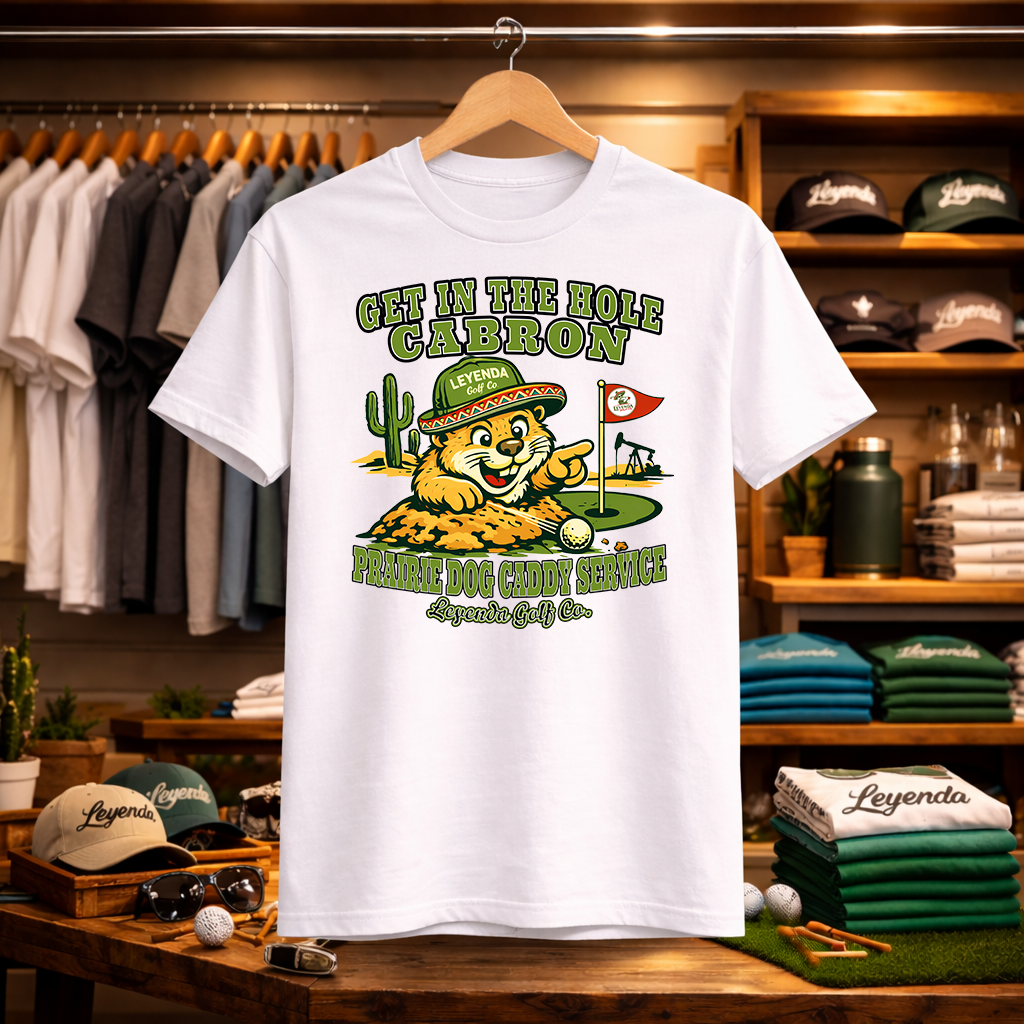 White t-shirt with a colorful graphic design on a wooden table in a store setting.