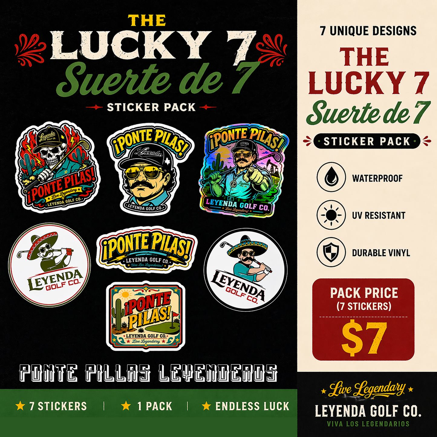 The Lucky 7 Sticker Pack – Suerte de 7 | Leyenda Golf Co.